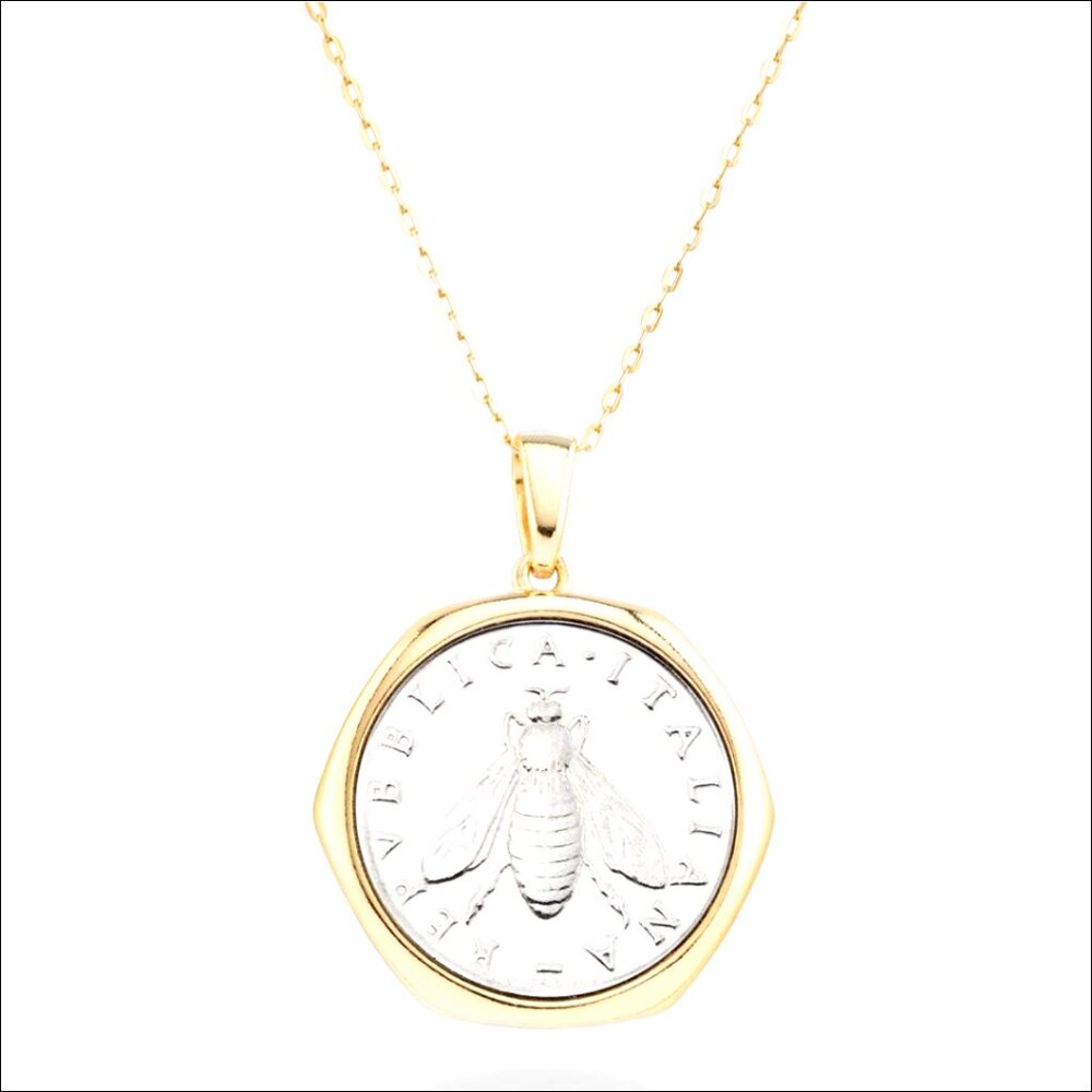 18K Gold Plated Sterling Silver Bee Coin Pendant Necklace 18 Inch Chain